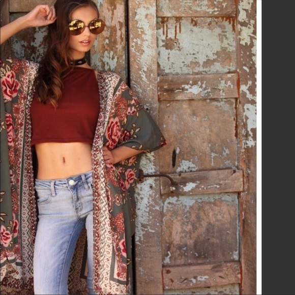 Boho Floral Print Kimono Duster with Border - Picture 4 of 6